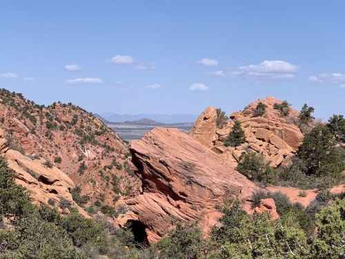 A scenic view of red rock formations and green shrubs under a blue sky with scattered clouds.