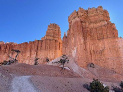 A scenic view of towering orange rock formations under a clear blue sky, with a winding path and sparse vegetation.