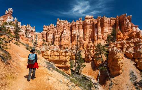 A hiker walks along a trail in Bryce Canyon, surrounded by towering orange rock formations and blue skies.