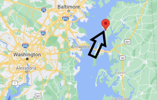 Map showing the area around Washington, D.C., Baltimore, and Annapolis, with a red marker indicating a specific location.