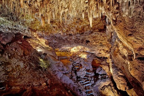 A stunning cave interior with stalactites hanging from the ceiling and wooden steps leading through the rocky terrain.