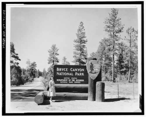 A woman stands beside the Bryce Canyon National Park sign, surrounded by trees and a clear sky.