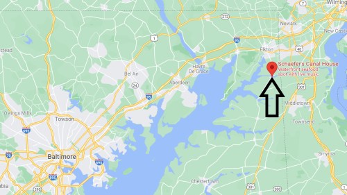 Map showing Schaefer's Canal House location near Baltimore, Maryland, marked with an arrow and labeled as a seafood spot.