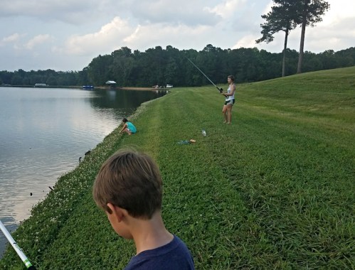 Two children fishing by a lake, one standing and casting a line, the other crouched near the water's edge.