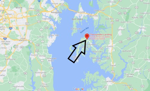Map showing Chesapeake Landing, a seafood market and American eatery, located near St. Michaels, Maryland.