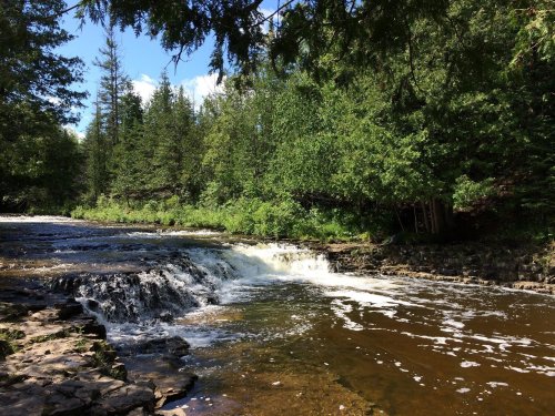 A serene river flows over a small waterfall, surrounded by lush green trees and a clear blue sky.
