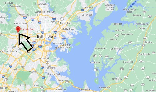Map showing Baltimore, Maryland, with a highlighted location at Daniels Dam.