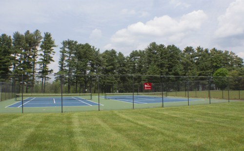 Two tennis courts surrounded by a grassy area and trees under a partly cloudy sky.