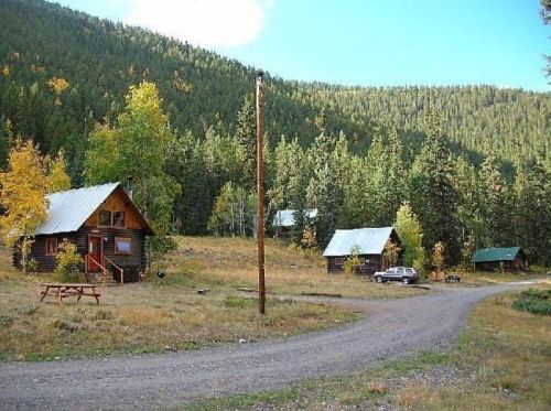 A scenic view of rustic cabins surrounded by trees and mountains, with a gravel road and picnic area in the foreground.