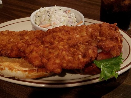 A plate with two crispy fried chicken fillets, a side of coleslaw, and a piece of bread with lettuce.
