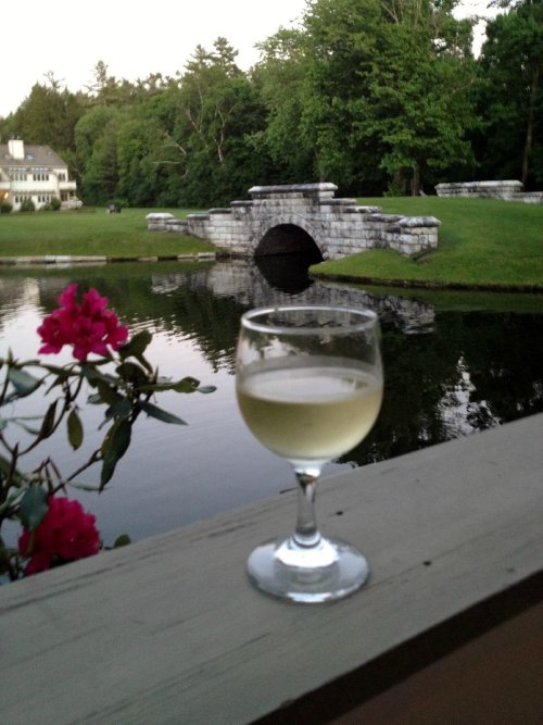 A glass of white wine sits on a railing, overlooking a serene pond and a stone bridge surrounded by greenery.