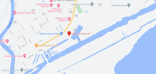 Map showing the location of Waterfront Restaurant and nearby attractions in Matagorda, Texas.