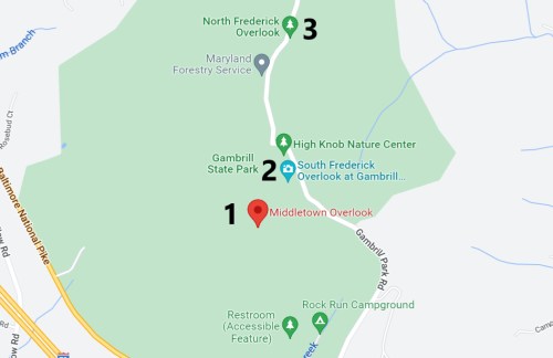 Map showing locations in Gambrill State Park, including overlooks and facilities like restrooms and nature centers.