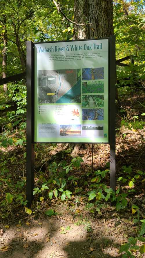 Sign for Wabash River & White Oak Trail, featuring maps and images of the trail and surrounding nature.