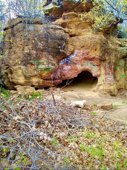 A rocky cave entrance surrounded by shrubs and colorful graffiti on the stone surface.