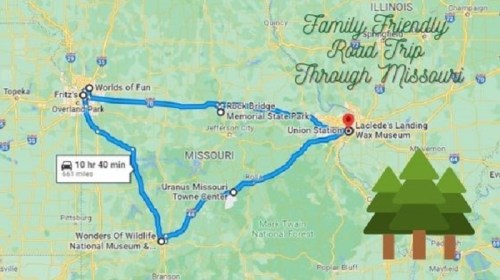 Map of a family-friendly road trip through Missouri, highlighting attractions like Worlds of Fun and Wonders of Wildlife.
