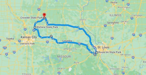 Map showing a route from Crowder State Park to St. Louis, passing through Wallace State Park and Route 66 State Park.