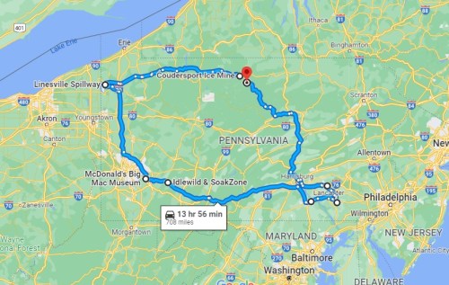 Map showing a route through Pennsylvania, highlighting Coudersport Ice Mine, with a total distance of 708 miles.
