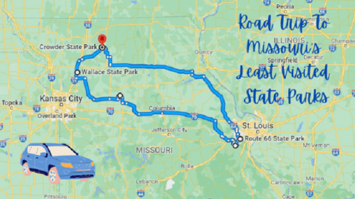Map showing a road trip route to Missouri's least visited state parks, starting from St. Louis and ending at Crowder State Park.