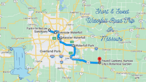 Map showing a road trip route in Missouri, highlighting waterfalls and Powell Gardens, with a waterfall illustration.