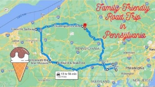 Map of a family-friendly road trip route in Pennsylvania, featuring an ice cream cone graphic.