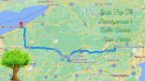 Map showing a road trip route to Pennsylvania's least-visited state parks, starting from Erie, NY.