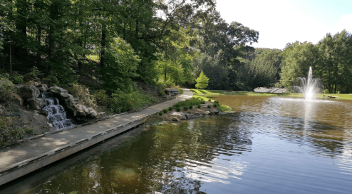 A serene park scene featuring a small waterfall, a pond, and a fountain surrounded by lush greenery.