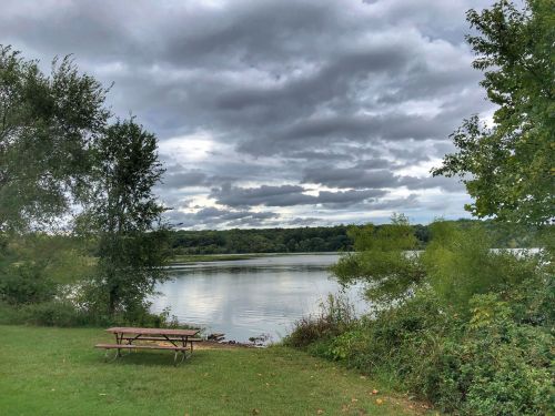 A serene lakeside view with a picnic table, surrounded by trees and overcast skies.
