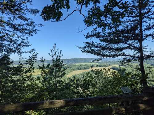 A scenic view of rolling hills and trees under a clear blue sky, framed by branches in the foreground.