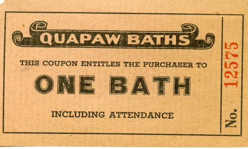 Vintage coupon for Quapaw Baths, entitling the holder to one bath, including attendance. Numbered 12575.