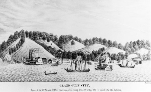 A historical illustration of Grand Gulf City, featuring steamboats and a landscape of hills and trees.