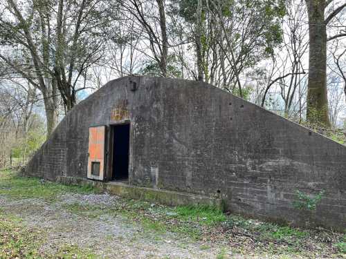 A weathered concrete structure with an orange door, surrounded by trees and gravel, set in a natural landscape.