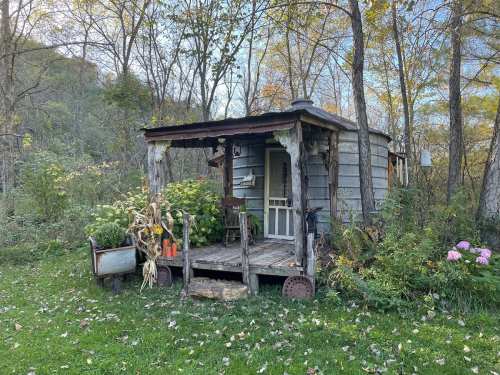 A rustic cabin surrounded by trees, with a porch decorated with autumn plants and flowers.