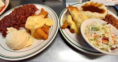Two plates of food: one with fried fish, creamy sauce, mashed potatoes, and coleslaw; the other with rice, beans, and gravy.