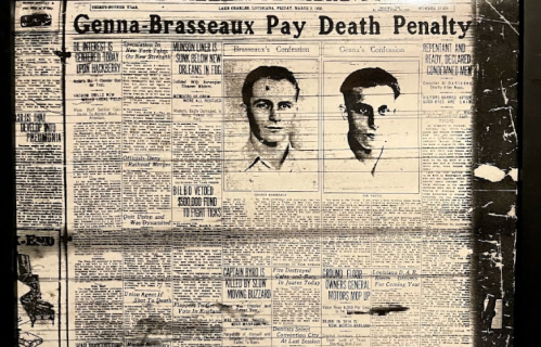 Historical newspaper page featuring articles on Gemma Brasseaux and the death penalty, with two photographs.