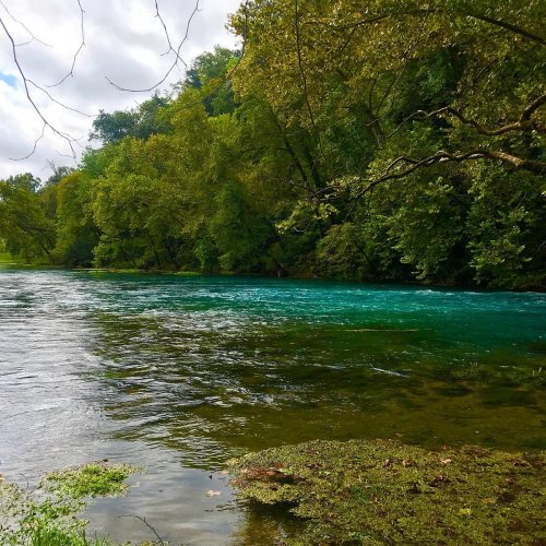 A serene river flows through lush green trees, with vibrant turquoise water reflecting the cloudy sky.