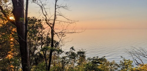 A serene lakeside view at sunset, with trees framing the calm water and a soft gradient in the sky.