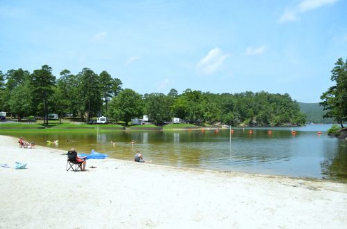 A sandy beach by a calm lake, with people relaxing and swimming, surrounded by trees and a clear blue sky.