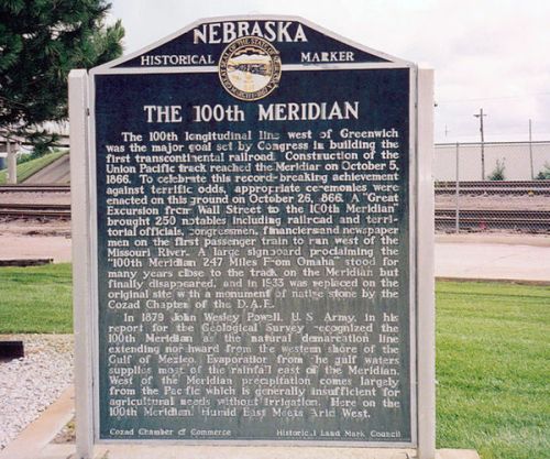 Sign commemorating the 100th Meridian in Nebraska, marking the first transcontinental railroad construction in 1866.