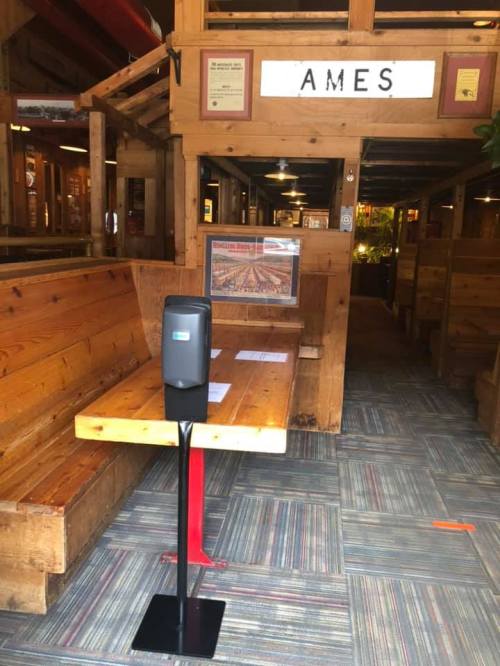 A wooden table with a hand sanitizer station in a rustic restaurant interior featuring wooden walls and flooring.