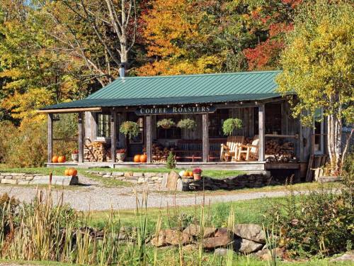 A cozy coffee roastery with a green roof, surrounded by autumn foliage and pumpkins, set in a serene landscape.