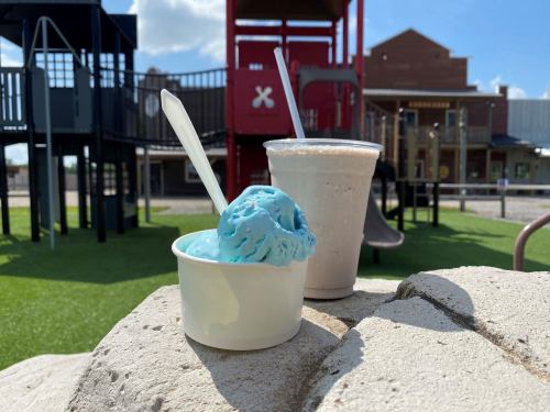A blue ice cream scoop in a cup next to a milkshake on a stone surface, with a playground in the background.