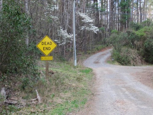 A gravel road curves to the right, with a "Dead End" sign visible among trees and greenery.