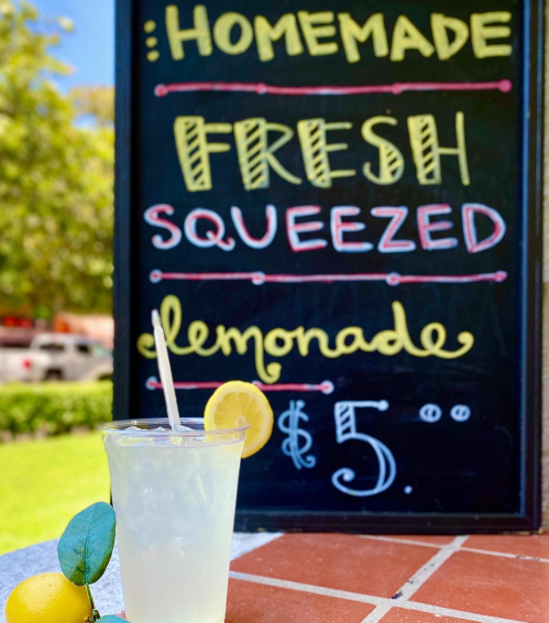 A clear cup of fresh lemonade with a lemon slice, in front of a colorful sign advertising homemade lemonade for $5.