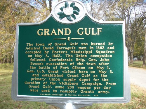 Historical marker about Grand Gulf, detailing its burning, Union occupation, and role in the Civil War.