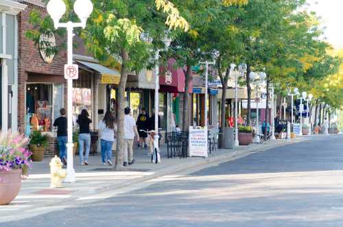 A lively street scene with people walking past shops and trees lining the sidewalk on a sunny day.