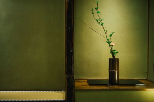 A simple vase with flowers is displayed against a softly lit green wall, creating a serene atmosphere.