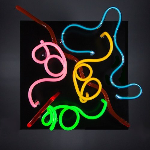 Colorful neon tubes in abstract shapes against a dark background, creating a vibrant and dynamic visual display.