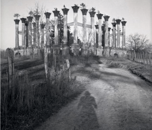 Black and white image of ancient ruins with tall columns, surrounded by overgrown grass and a dirt path.