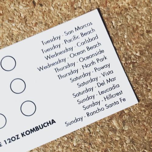 A weekly schedule for kombucha flavors with locations listed for each day of the week.